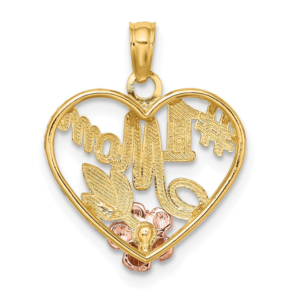 14k Two Tone Gold, White Rhodium Textured Polished Finish #1 Mom with Flower Design Heart Shape Charm Pendant