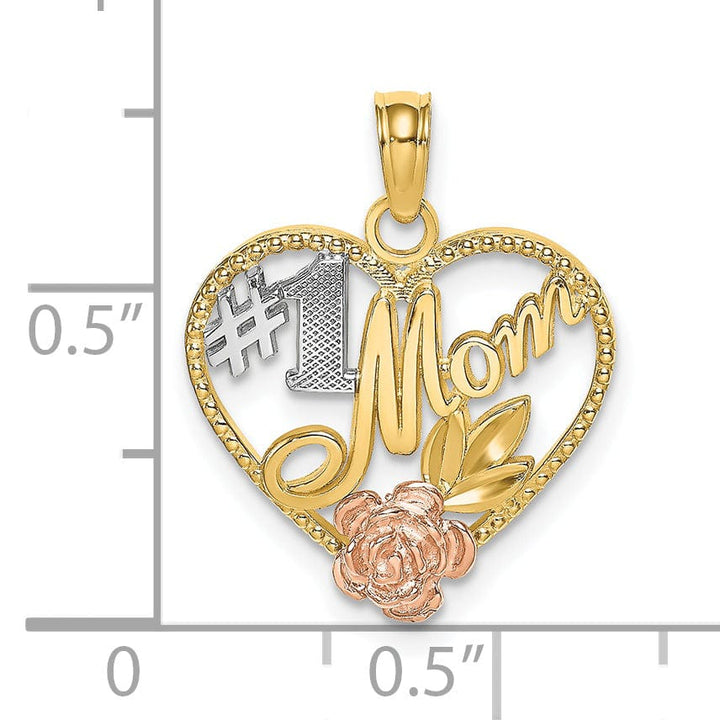 14k Two Tone Gold, White Rhodium Textured Polished Finish #1 Mom with Flower Design Heart Shape Charm Pendant