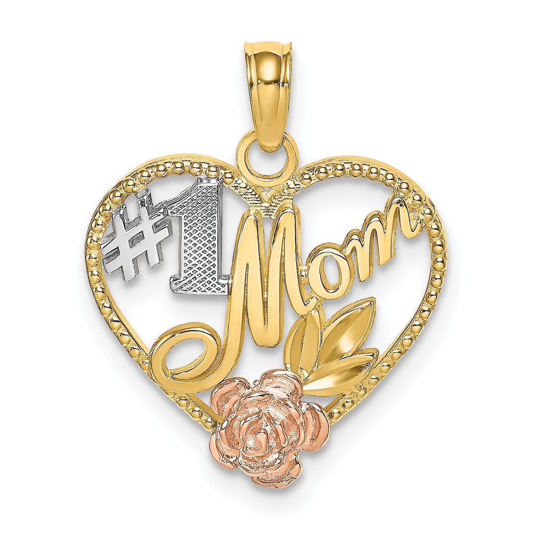 14k Two Tone Gold, White Rhodium Textured Polished Finish #1 Mom with Flower Design Heart Shape Charm Pendant