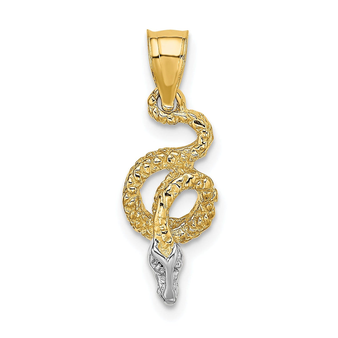 14k Yellow Gold White Rhodium Textured Polished Finish Coiled Snake Design Charm Pendant