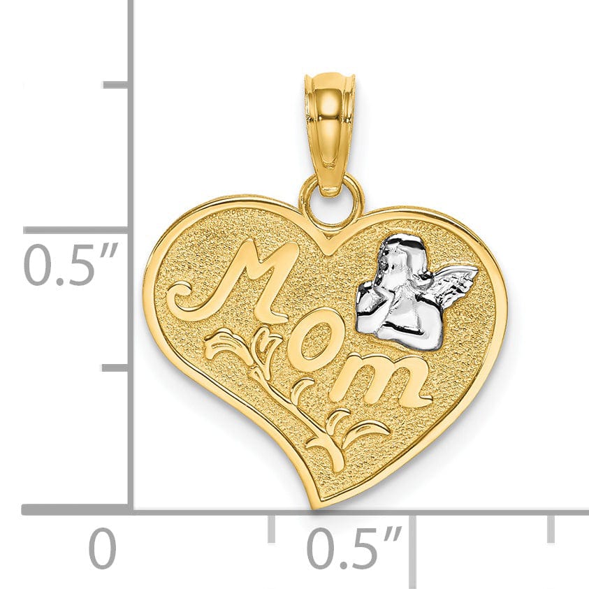 14k Yellow Gold, White Rhodium Textured Polished Finish MOM with Angel in Heart Shape Design Charm Pendant