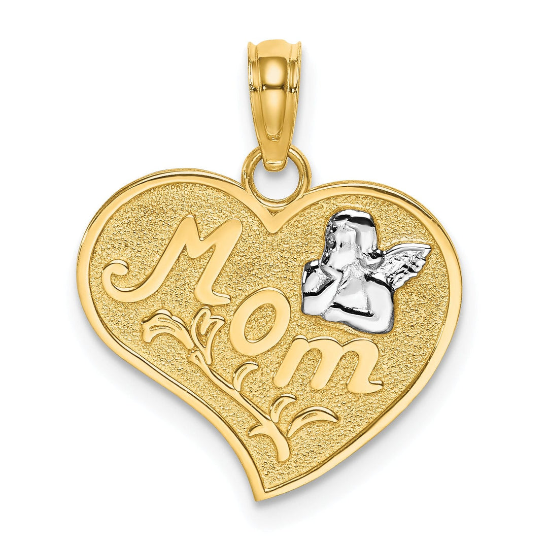 14k Yellow Gold, White Rhodium Textured Polished Finish MOM with Angel in Heart Shape Design Charm Pendant