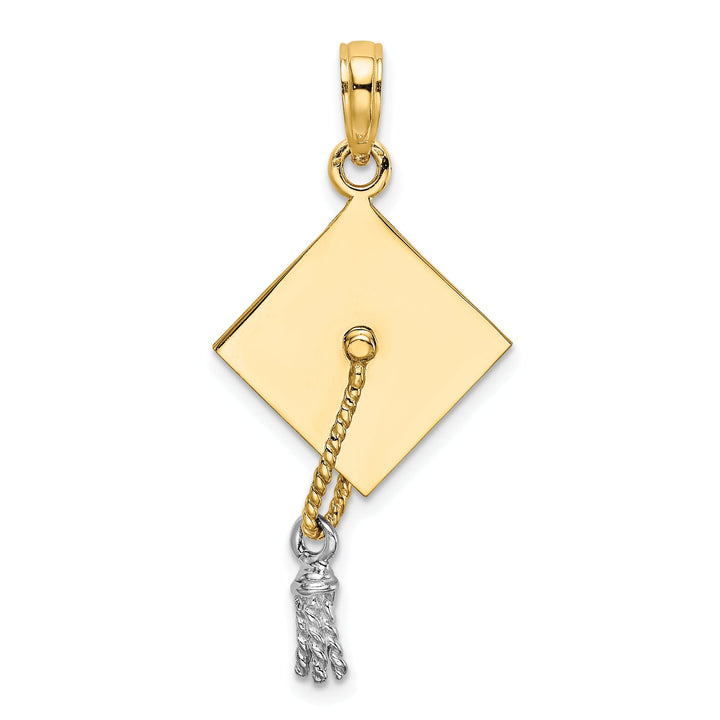 14k Two-tone Gold Polished Finish with White Rhodium 3-Dimensional Graduation Cap Moveable Tassle Charm Pendant