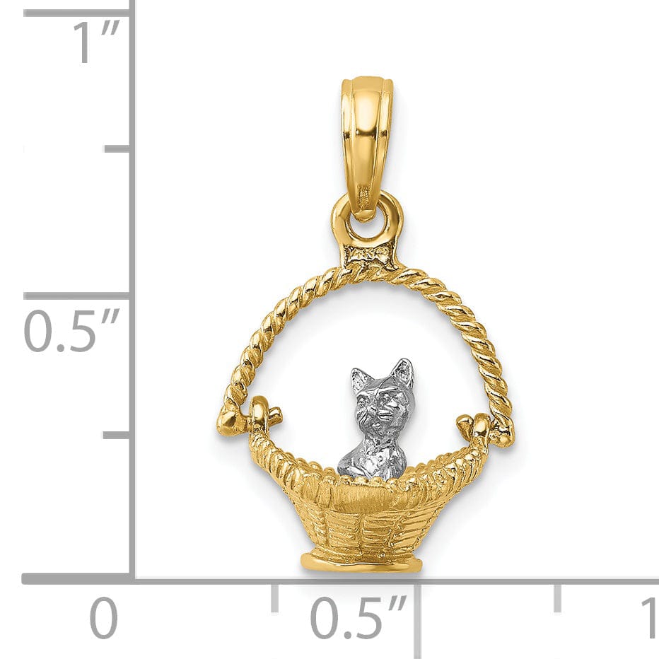 14k Yellow Gold White Rhodium 3-Dimensional Tiny Cat In Basket Charm Pendant