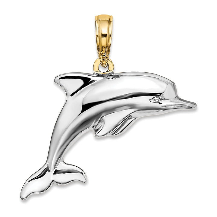 14k Yellow Gold White Rhodium Polished Finish 3-Dimensional Reversible Puffed Dolphin Charm Pendant