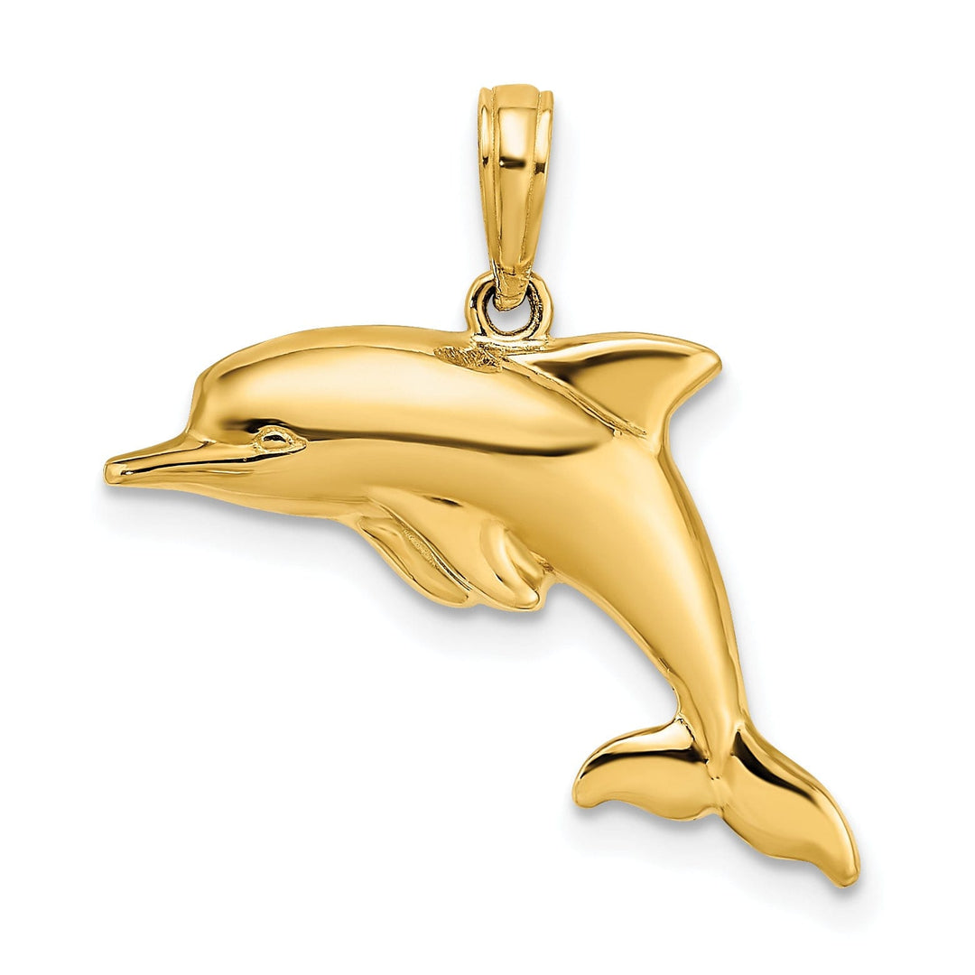 14k Yellow Gold White Rhodium Polished Finish 3-Dimensional Reversible Puffed Dolphin Charm Pendant