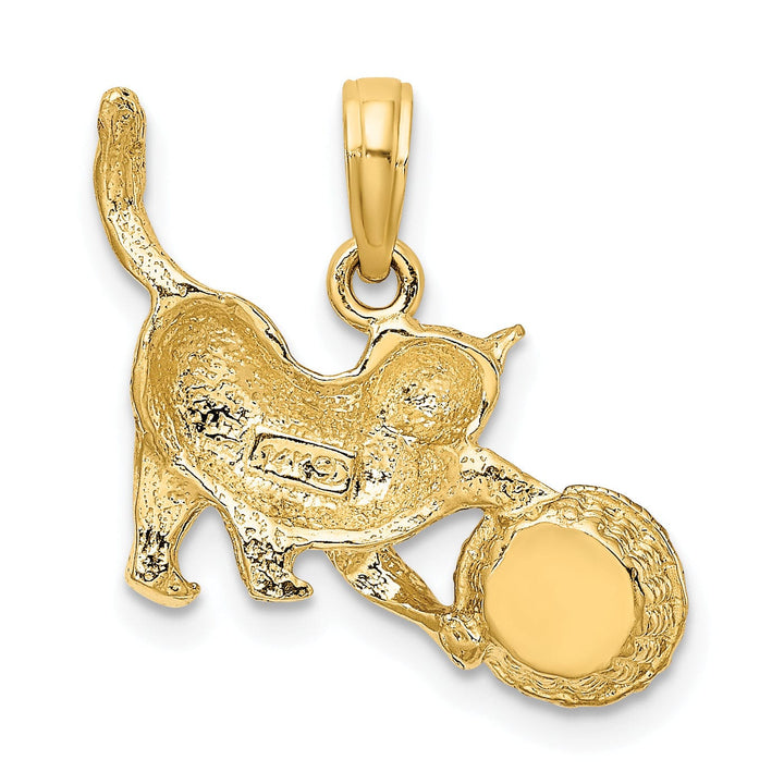 14k Yellow Gold White Rhodium Textured Solid Polished Finish Cat Playing with Yarn in Basket Design Charm Pendant