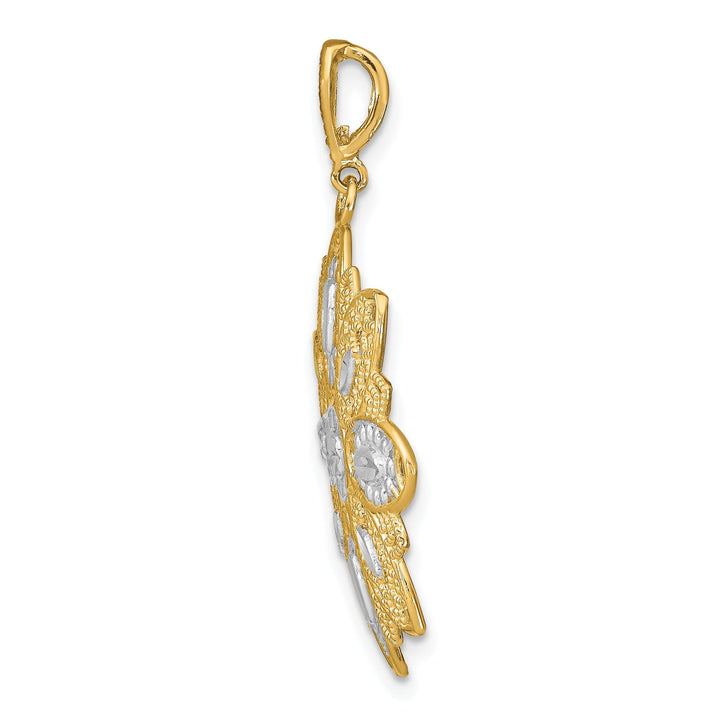 14K Yellow Gold, White Rhodium Polished Diamond Cut Finish Filigree Beaded Flower Design Pendant
