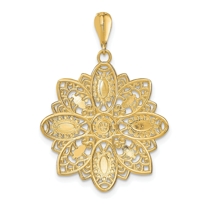 14K Yellow Gold, White Rhodium Polished Diamond Cut Finish Filigree Beaded Flower Design Pendant