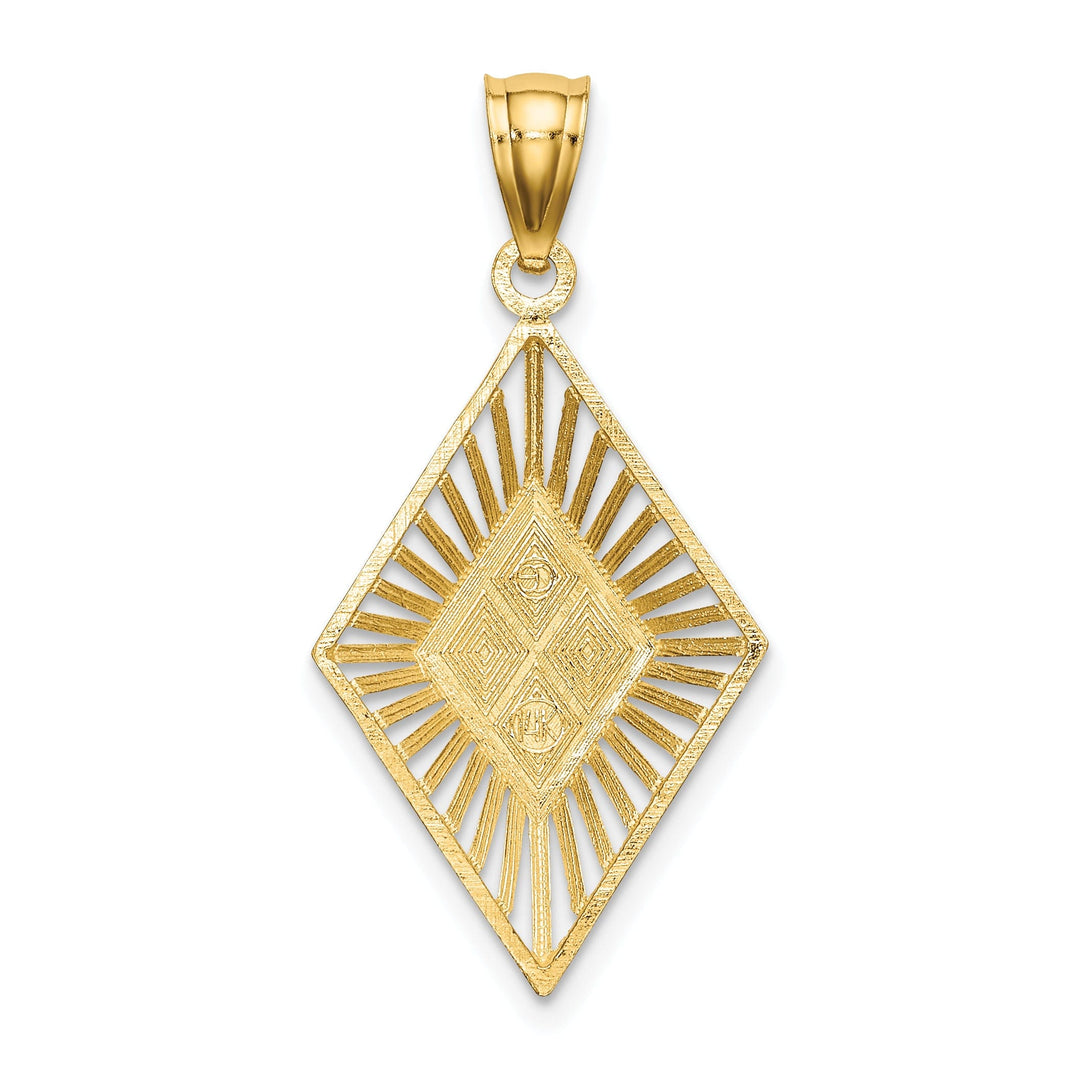 14K Yellow Gold, White Rhodium Polished Diamond Cut Finish Filigree Beaded Diamond Shape Design Pendant