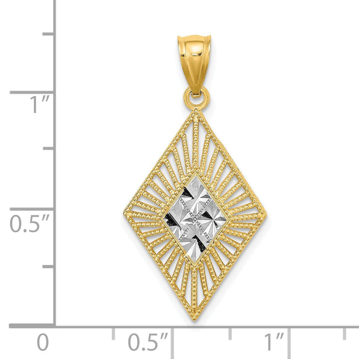 14K Yellow Gold, White Rhodium Polished Diamond Cut Finish Filigree Beaded Diamond Shape Design Pendant