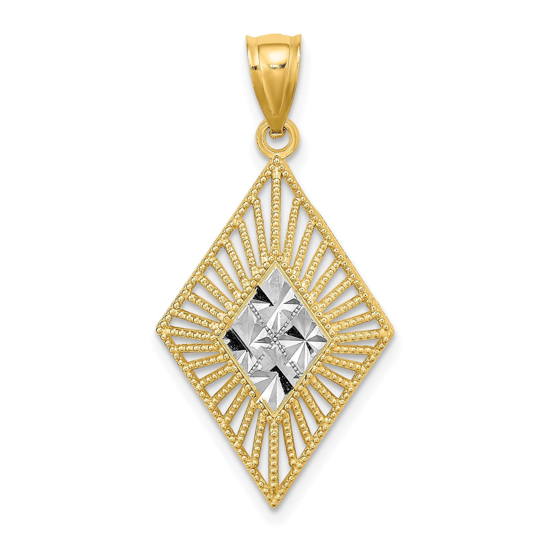 14K Yellow Gold, White Rhodium Polished Diamond Cut Finish Filigree Beaded Diamond Shape Design Pendant