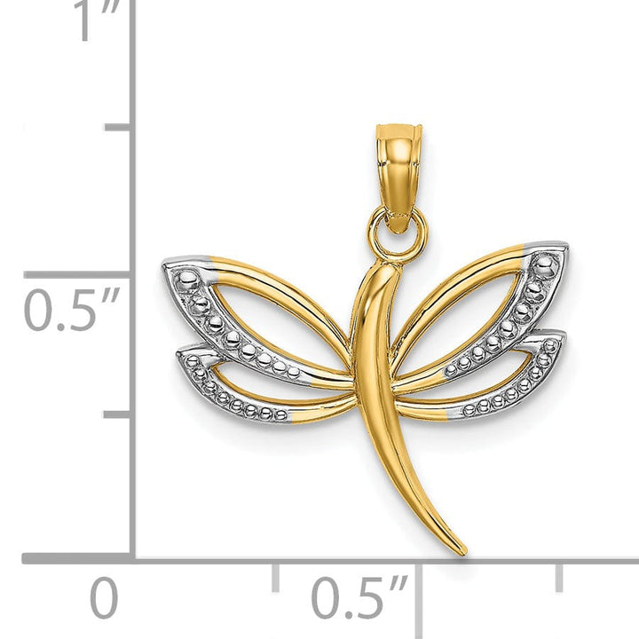 14k Yellow Gold White Rhodium Open Back Textured Polished Finish Dragonfly Design Charm Pendant