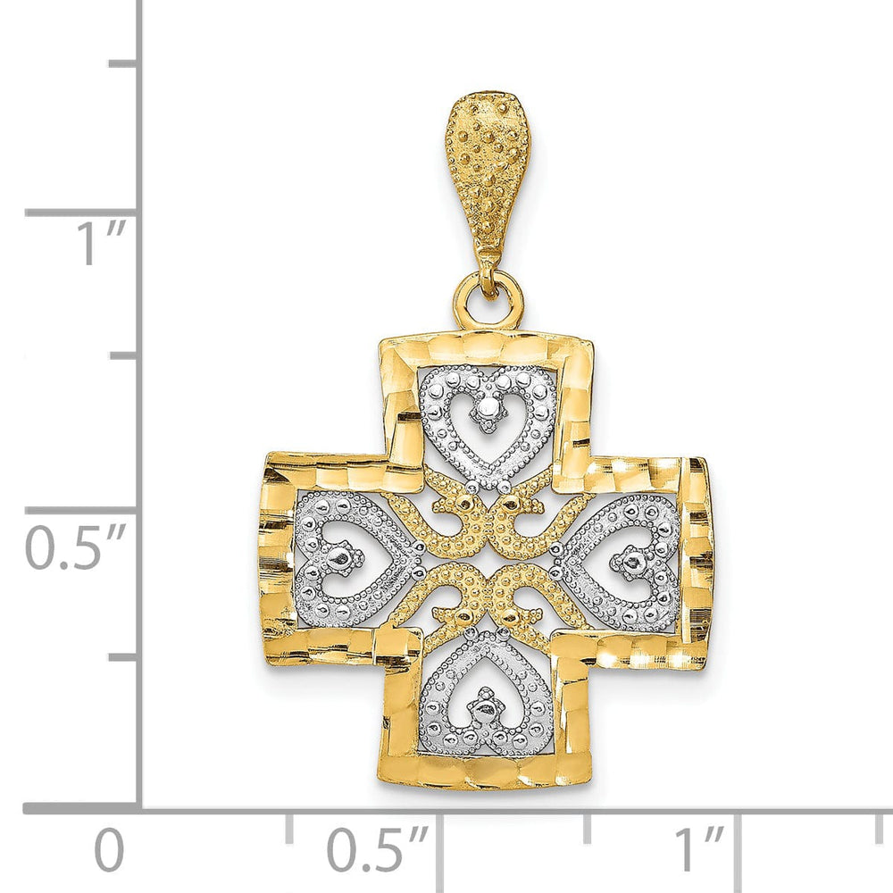 14K Yellow Gold, White Rhodium Large Size Filigree Polished Diamond Cut Finish Hearts Design Maltese Cross Pendant