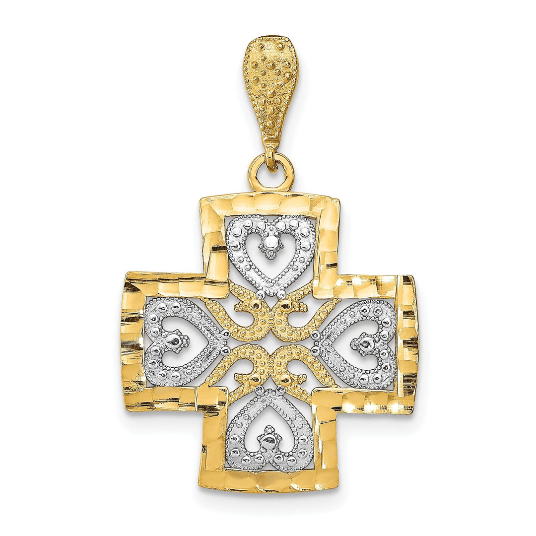14K Yellow Gold, White Rhodium Large Size Filigree Polished Diamond Cut Finish Hearts Design Maltese Cross Pendant