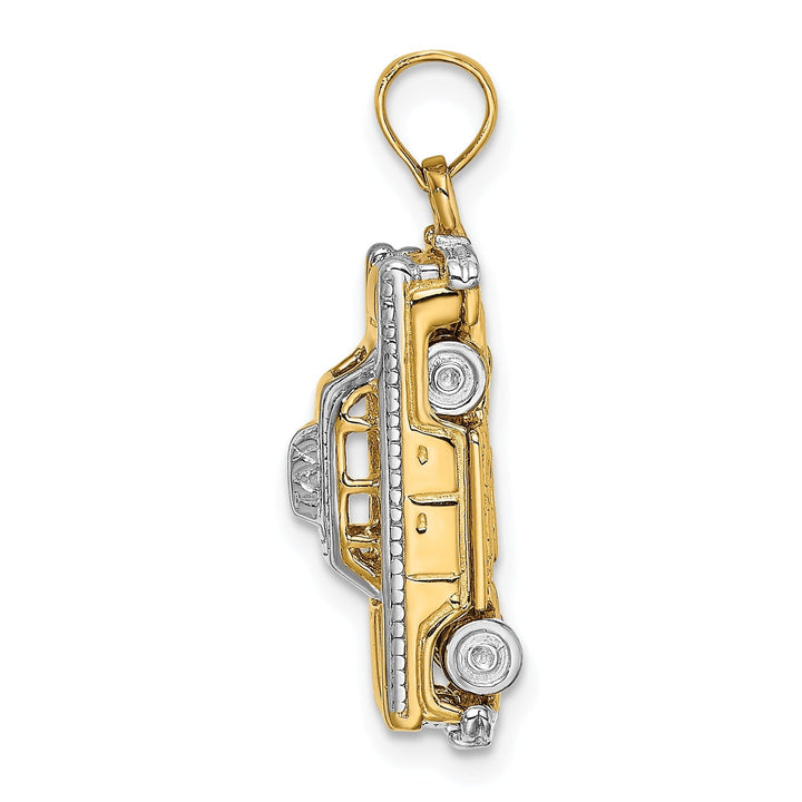 14k Yellow Gold,White Rhodium 3-Dimensional Taxi with Moveable Tires Taxi Cab Charm Pendant