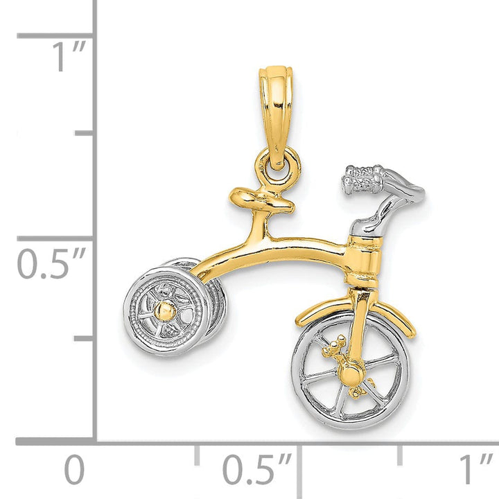 14k Two Tone Gold Polished Finish 3-Dimensional Tricycle with Moveable Handlebars and Wheels Charm Pendant