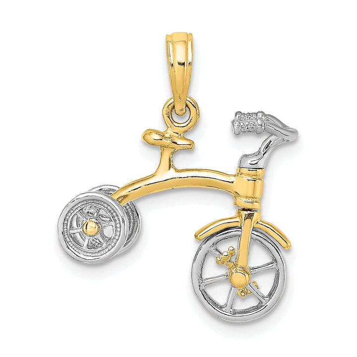 14k Two Tone Gold Polished Finish 3-Dimensional Tricycle with Moveable Handlebars and Wheels Charm Pendant