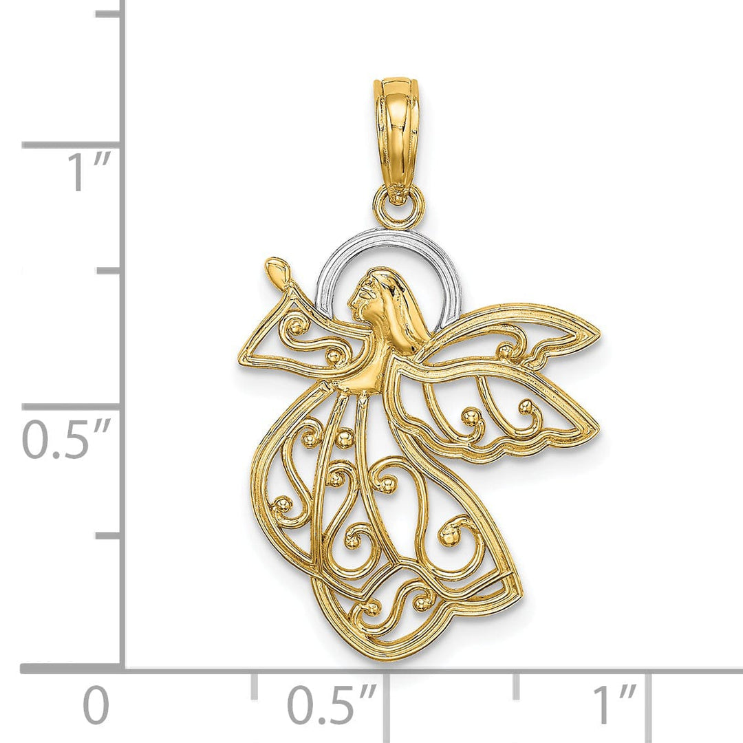 14K Yellow Gold White Rhodium Polished Concave Flying Angel Pendant