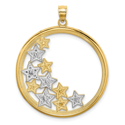14k Yellow Gold White Rhodium Textured Polished Finish Stars in Round Frame Charm Pendant at $ 324.51 only from Jewelryshopping.com