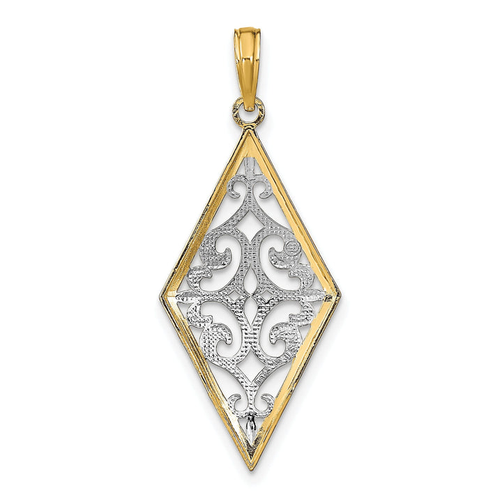 14K Yellow Gold, White Rhodium Polished Diamond Cut Finish Diamond Shape Cut-Out Filigree Design Pendant