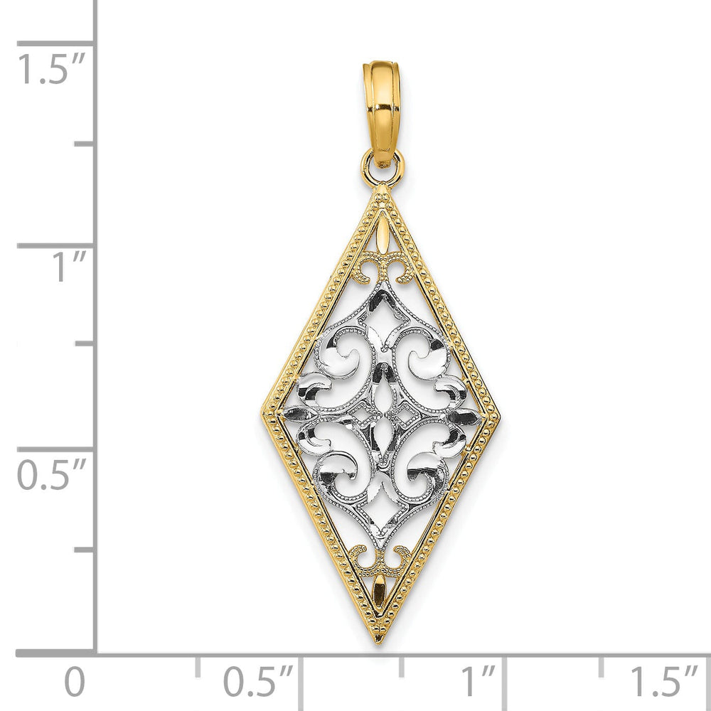 14K Yellow Gold, White Rhodium Polished Diamond Cut Finish Diamond Shape Cut-Out Filigree Design Pendant