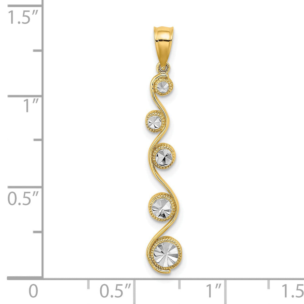 14K Yellow Gold, White Rhodium Polished Diamond Cut Finish Diagonal Swirl Design Pendant