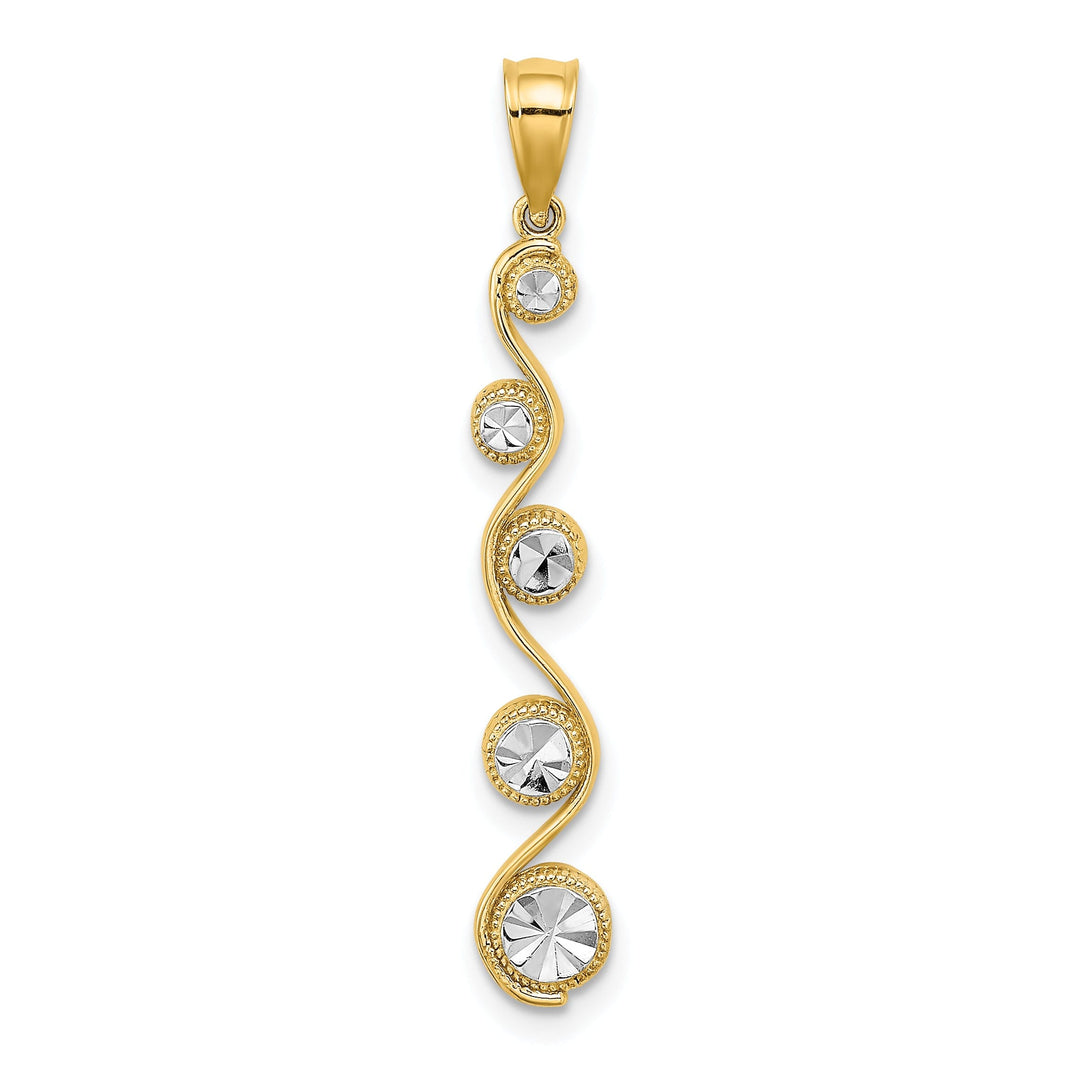 14K Yellow Gold, White Rhodium Polished Diamond Cut Finish Diagonal Swirl Design Pendant