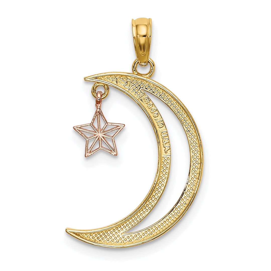 14k Two Tone Gold White Rhodium Open Back Texture Polished Finish Moon with Dangle Star Charm Pendant