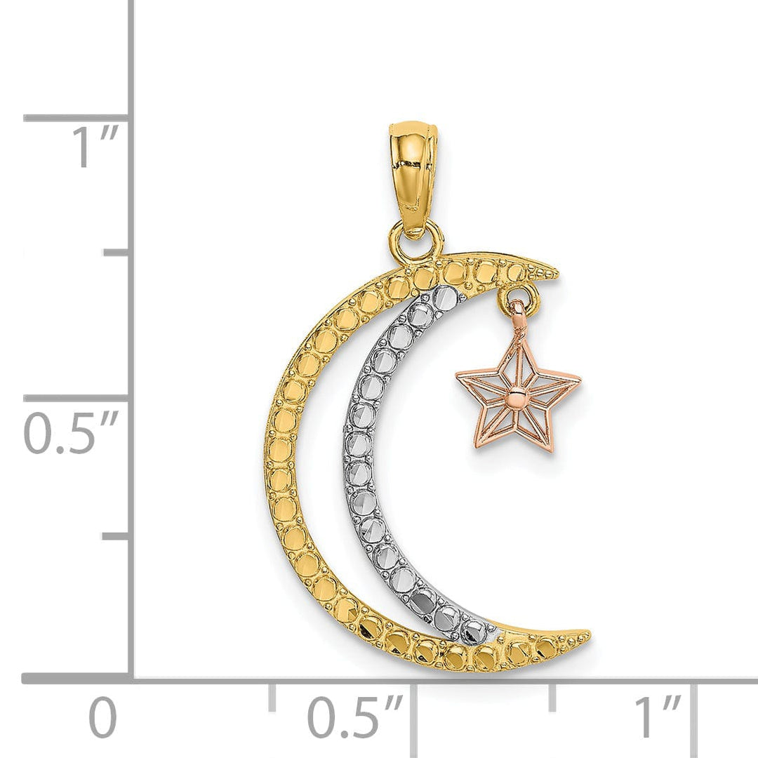 14k Two Tone Gold White Rhodium Open Back Texture Polished Finish Moon with Dangle Star Charm Pendant