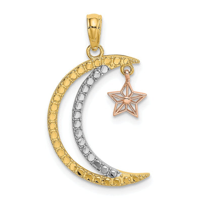 14k Two Tone Gold White Rhodium Open Back Texture Polished Finish Moon with Dangle Star Charm Pendant at $ 116.42 only from Jewelryshopping.com