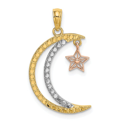 14k Two Tone Gold White Rhodium Open Back Texture Polished Finish Moon with Dangle Star Charm Pendant at $ 116.42 only from Jewelryshopping.com