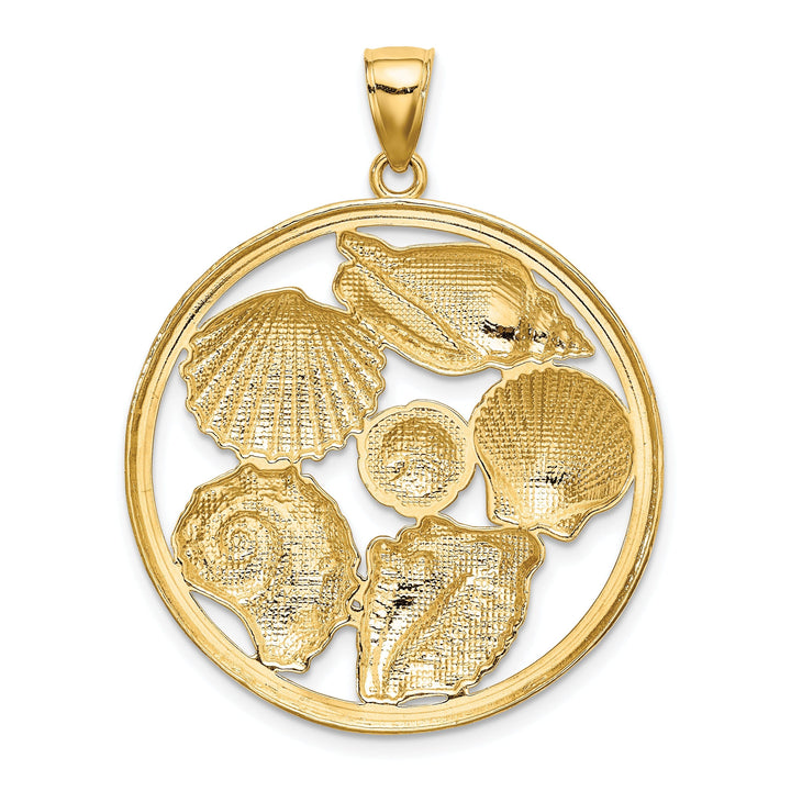 14k Yellow Gold White Rhodium Texture Polished Finish Shell Cluster in Circle Design Charm Pendant