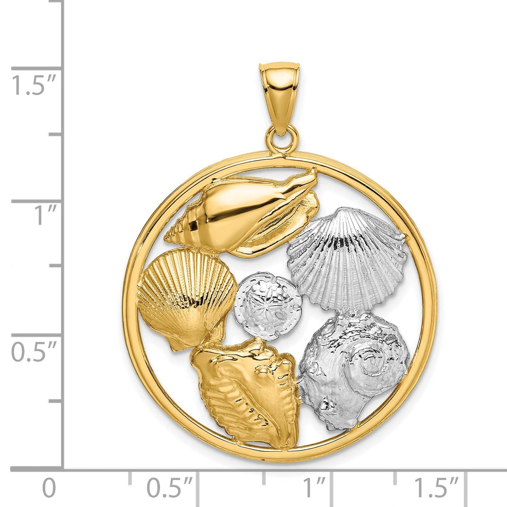 14k Yellow Gold White Rhodium Texture Polished Finish Shell Cluster in Circle Design Charm Pendant