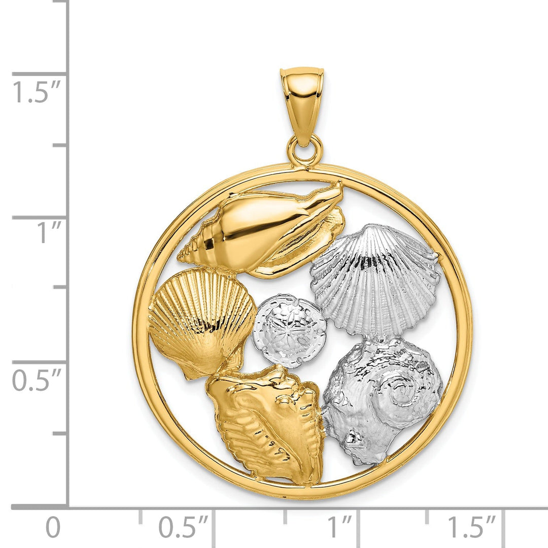14k Yellow Gold White Rhodium Texture Polished Finish Shell Cluster in Circle Design Charm Pendant