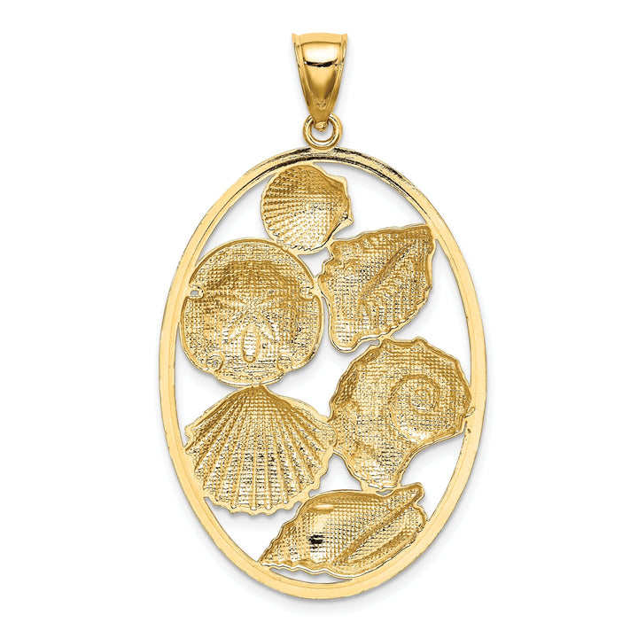 14k Yellow Gold White Rhodium Texture Polished Finish Shell Cluster In Oval Frame Design Charm Pendant