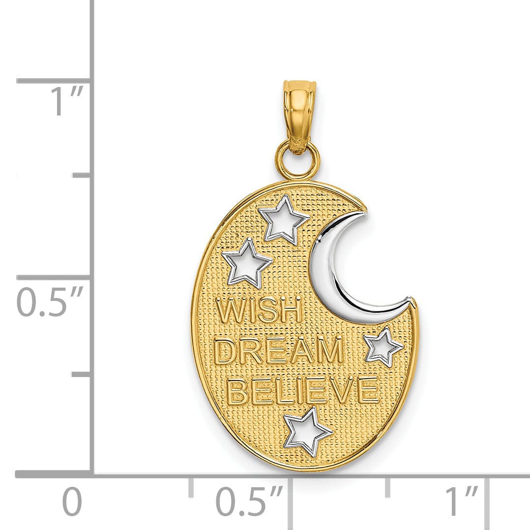14k Yellow Gold Rhodium Textured Polished Finish WISH DREAM BELIEVE Moon and Stars Design Charm