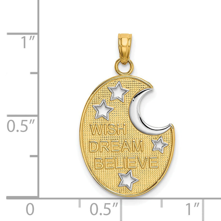 14k Yellow Gold Rhodium Textured Polished Finish WISH DREAM BELIEVE Moon and Stars Design Charm
