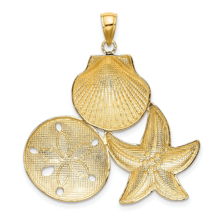 14K Yellow Gold White Rhodium Polished Texture Finish Scallop, Starfish and Sand Dollar Design Charm Pendant