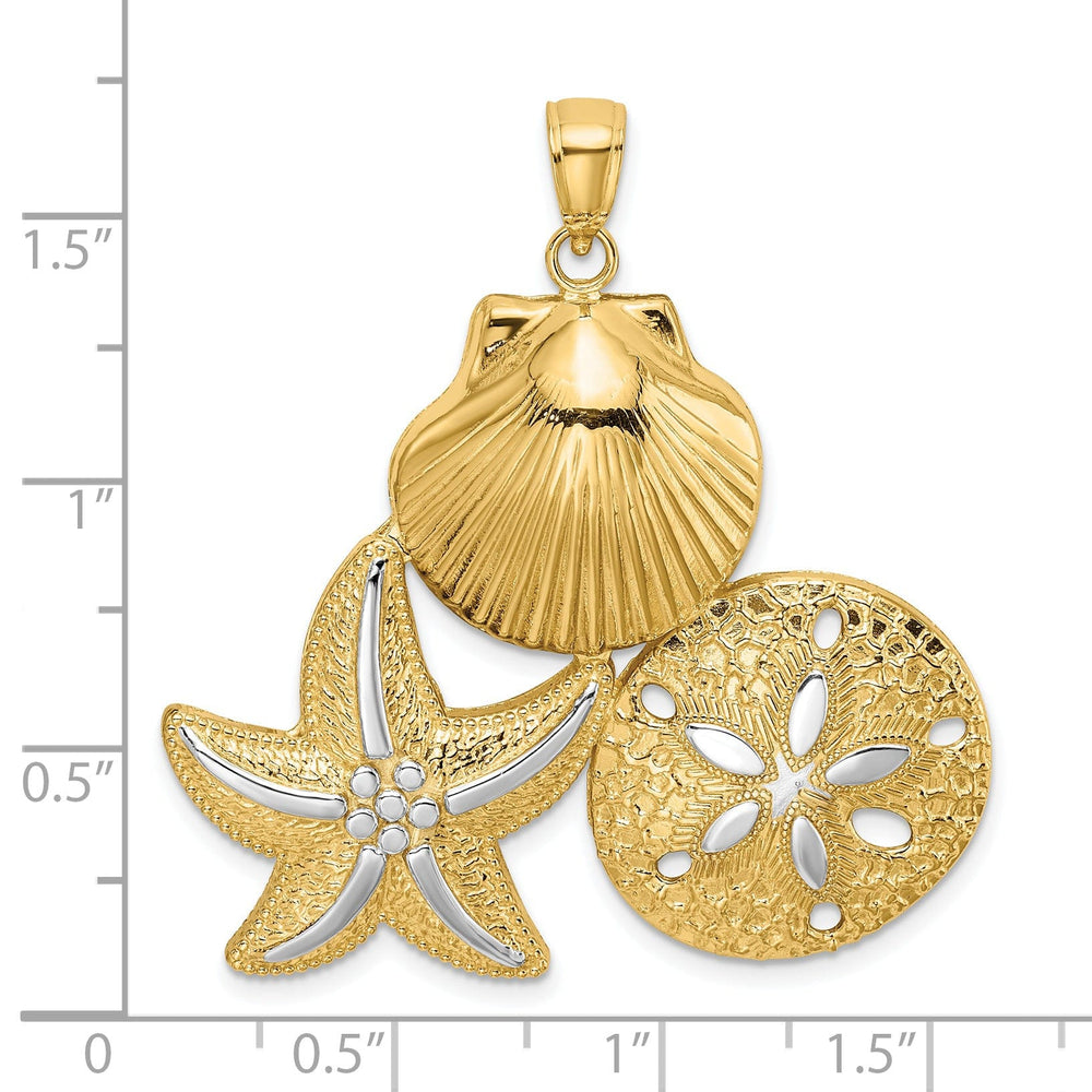14K Yellow Gold White Rhodium Polished Texture Finish Scallop, Starfish and Sand Dollar Design Charm Pendant