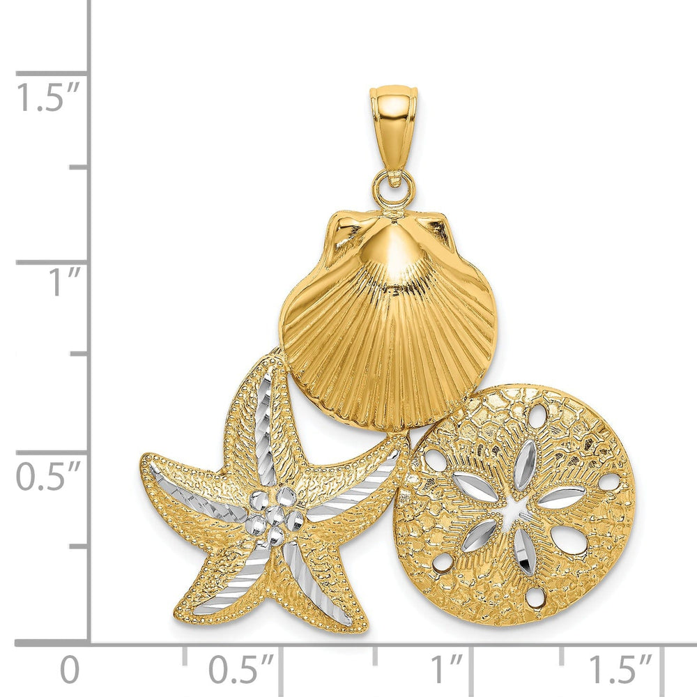 14k Yellow Gold White Rhodium Diamond Cut Polished Finish Scallop Starfish Sand Dollar Design Charm Pendant