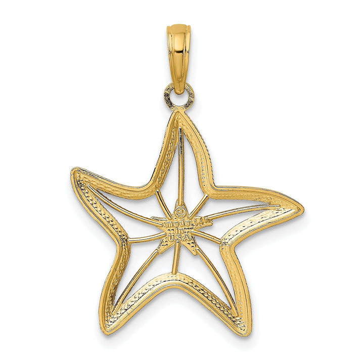 14K Yellow Gold White Rhodium Texture Polished Finish Small Cut Out with Star Design Starfish Charm Pendant