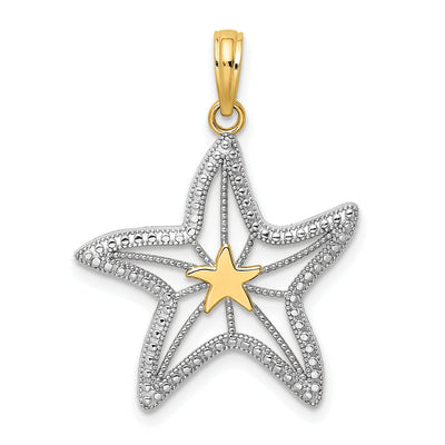 14K Yellow Gold White Rhodium Texture Polished Finish Small Cut Out with Star Design Starfish Charm Pendant