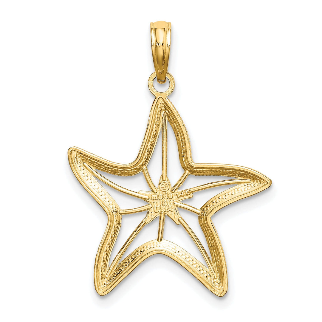 14K Yellow Gold White Rhodium Textured Polished Finish Small Cut Out with Star Design Starfish Charm Pendant