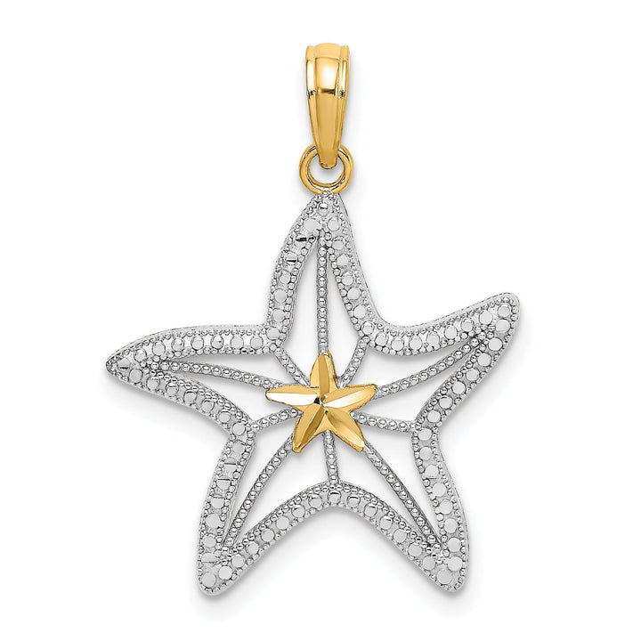 14K Yellow Gold White Rhodium Textured Polished Finish Small Cut Out with Star Design Starfish Charm Pendant