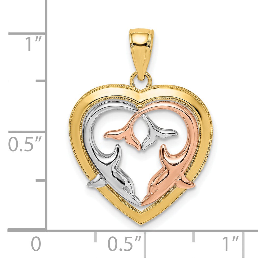 14K Yellow Rose Gold White Rhodium Polished Finish Dolphins In Heart Design Frame Charm Pendant