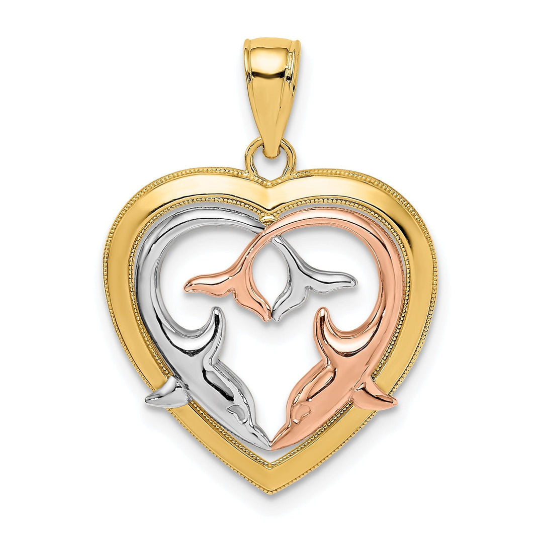 14K Yellow Rose Gold White Rhodium Polished Finish Dolphins In Heart Design Frame Charm Pendant