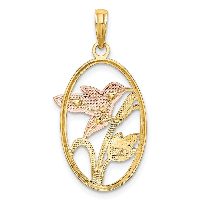 14k Two Tone Gold White Rhodium Open Back Textured Polished Finish Hummingbird and Flowers In Oval Frame Charm Pendant