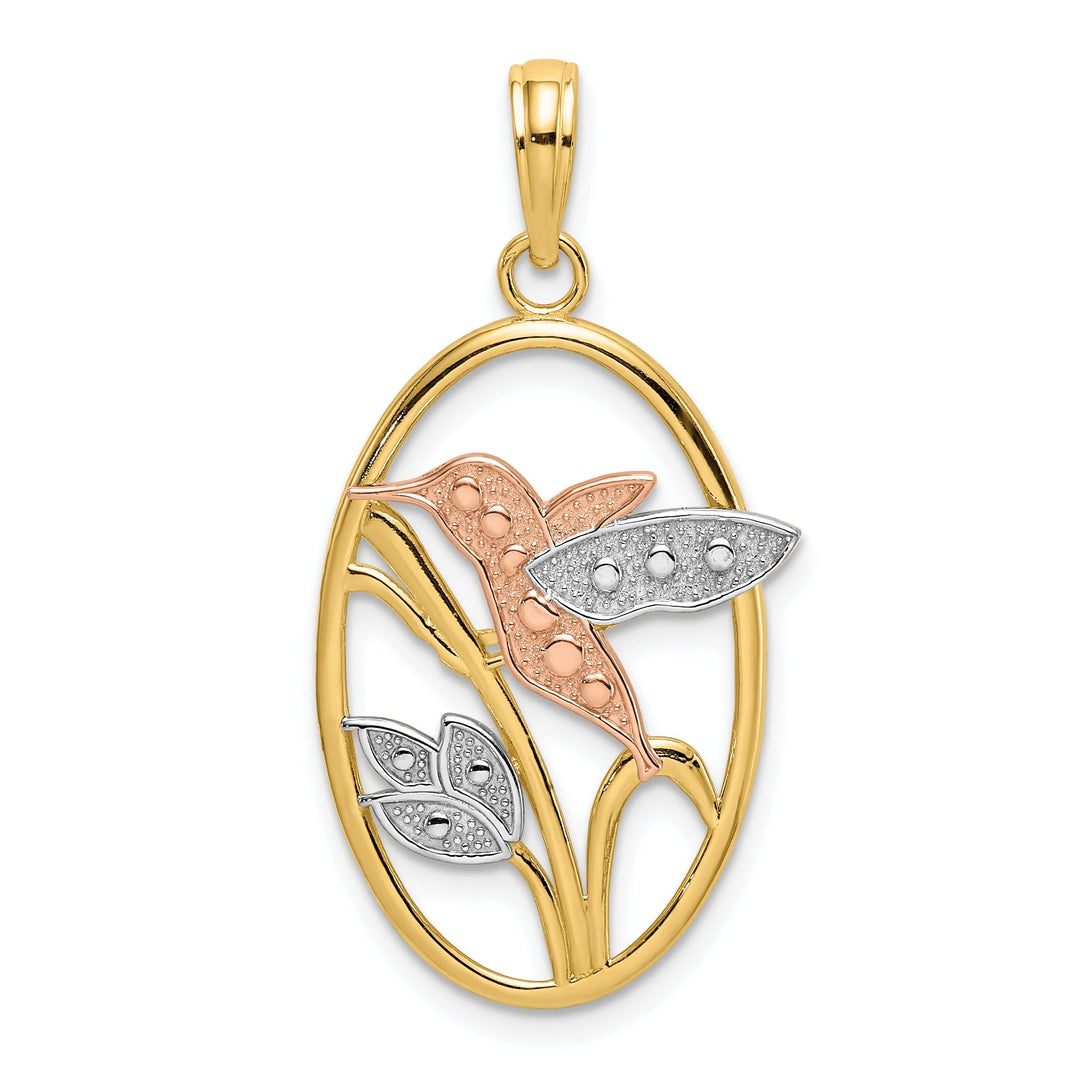 14k Two Tone Gold White Rhodium Open Back Textured Polished Finish Hummingbird and Flowers In Oval Frame Charm Pendant