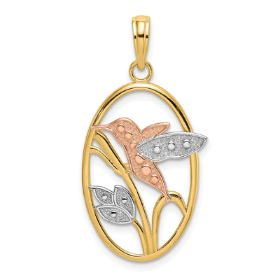 14k Two Tone Gold White Rhodium Open Back Textured Polished Finish Hummingbird and Flowers In Oval Frame Charm Pendant at $ 151.13 only from Jewelryshopping.com